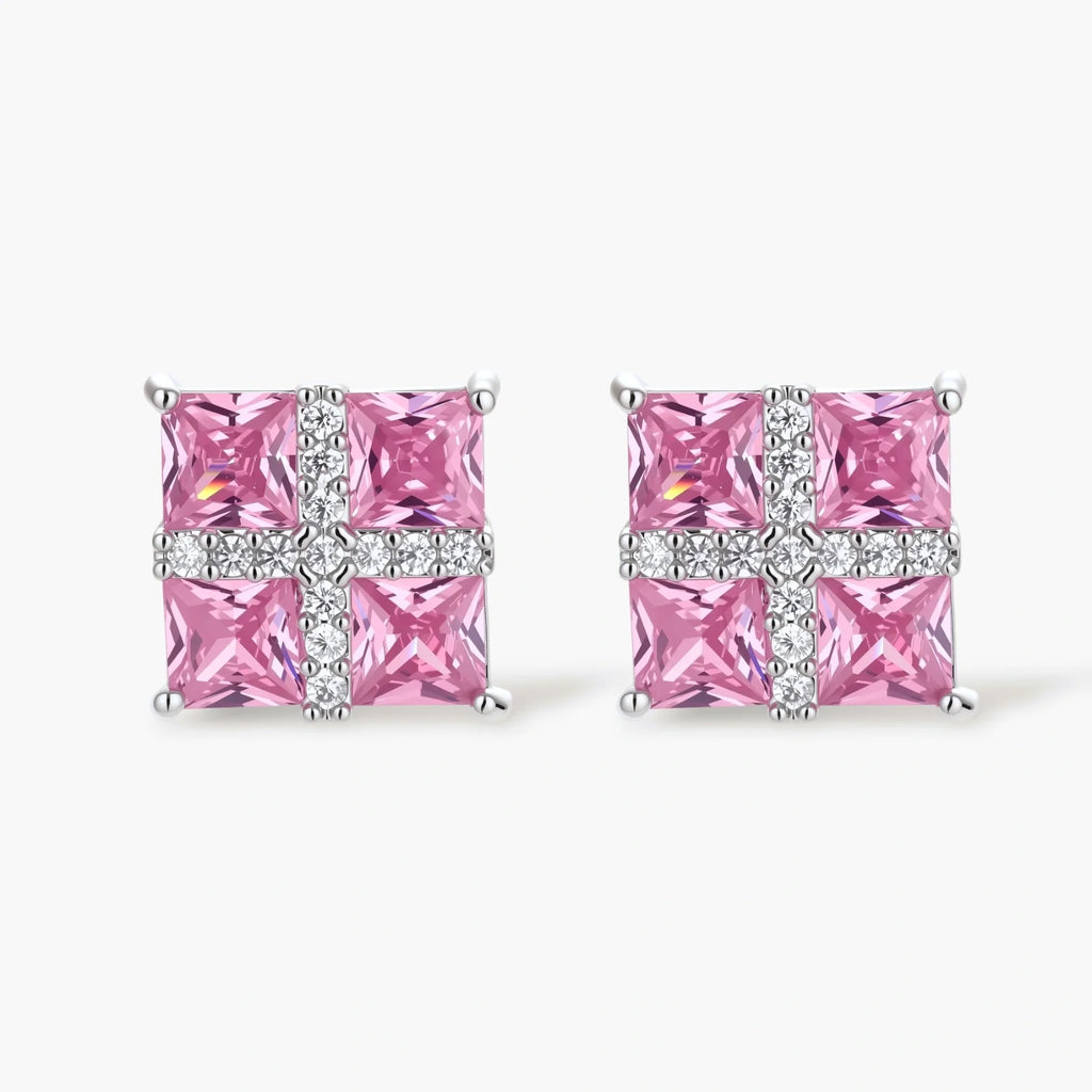 White gold plated jewelry set with pink cubic zirconia stones in geometric cross design, featuring Y-necklace and square stud earrings