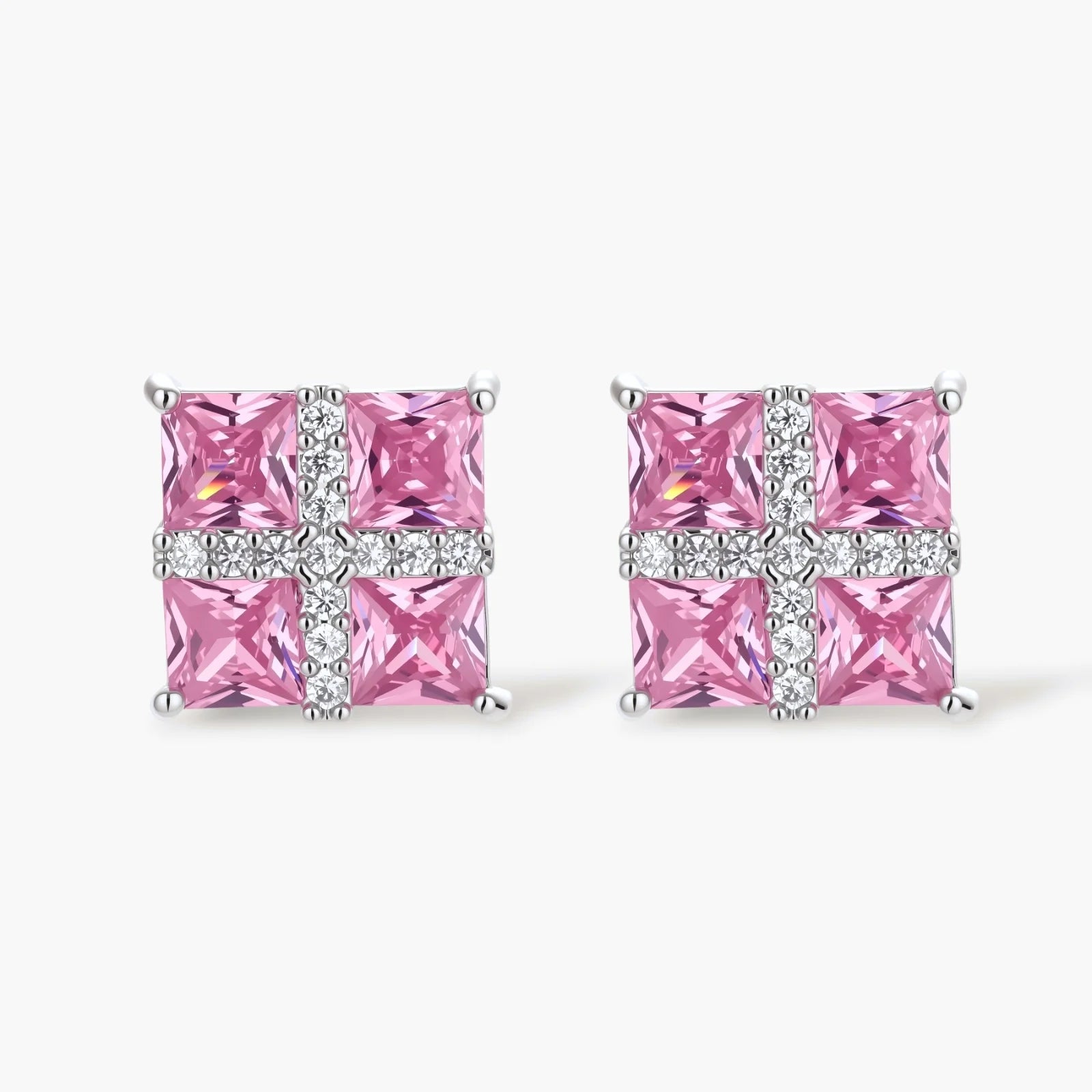 White gold plated jewelry set with pink cubic zirconia stones in geometric cross design, featuring Y-necklace and square stud earrings